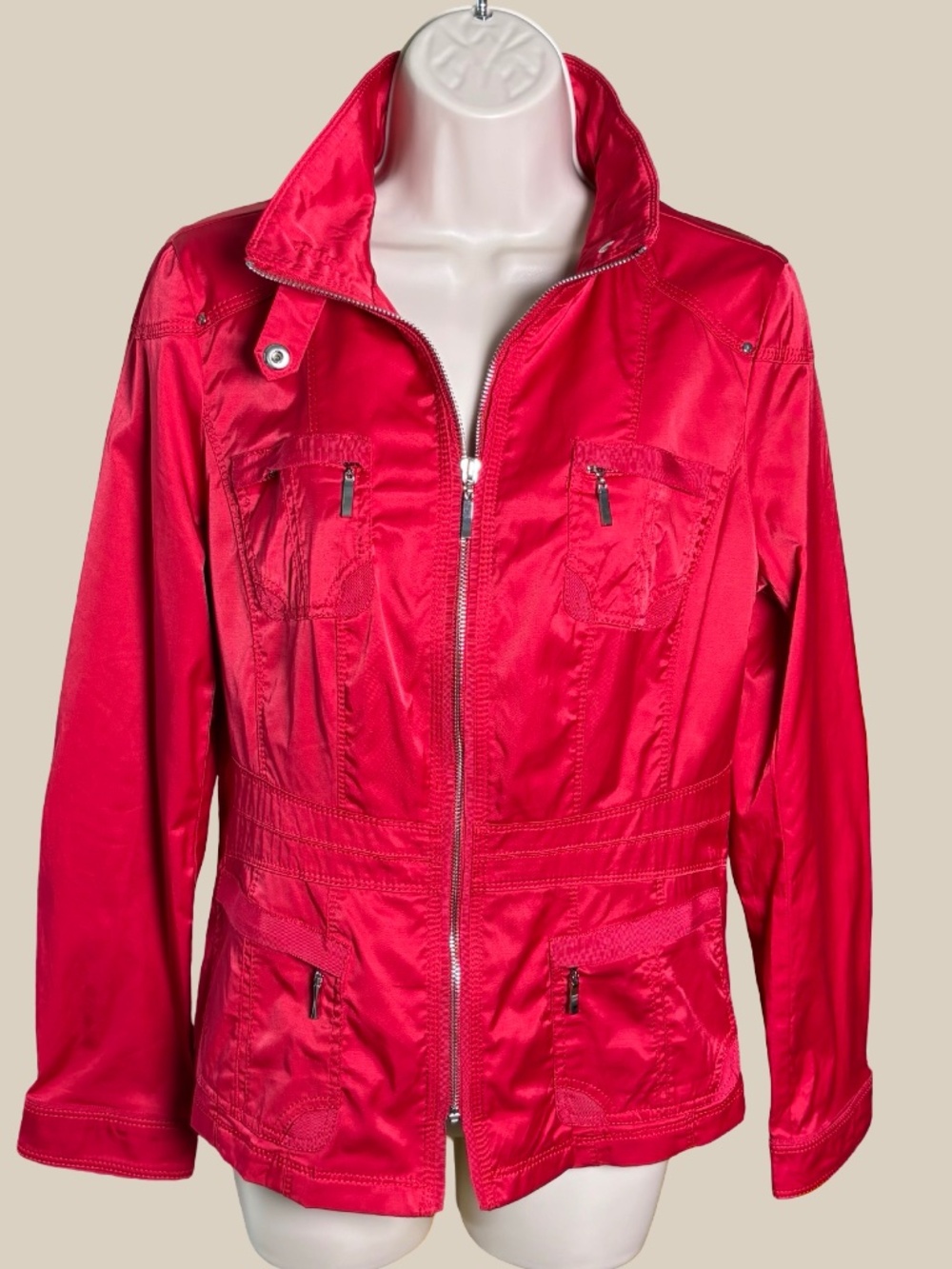 White House Black Market Red Utility Jacket Shiny Zip Up Military Safari Moto 6